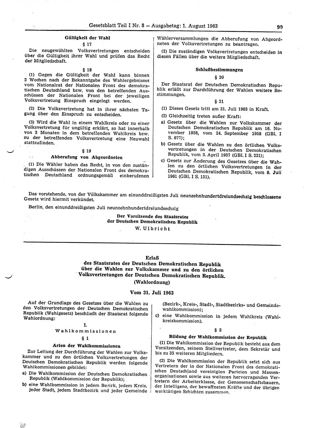 Gesetzblatt (GBl.) der Deutschen Demokratischen Republik (DDR) Teil Ⅰ 1963, Seite 99 (GBl. DDR Ⅰ 1963, S. 99)