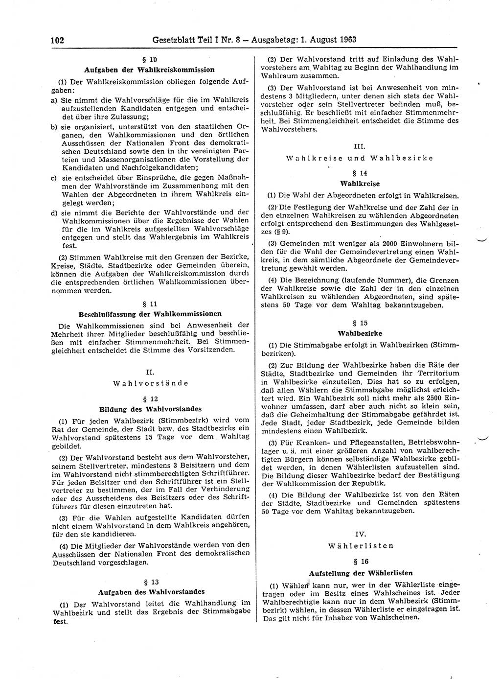 Gesetzblatt (GBl.) der Deutschen Demokratischen Republik (DDR) Teil Ⅰ 1963, Seite 102 (GBl. DDR Ⅰ 1963, S. 102)