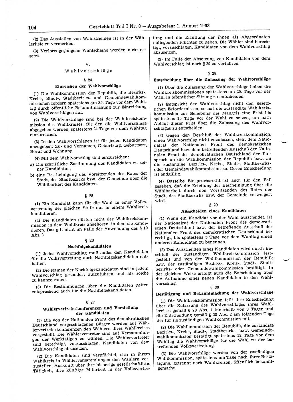 Gesetzblatt (GBl.) der Deutschen Demokratischen Republik (DDR) Teil Ⅰ 1963, Seite 104 (GBl. DDR Ⅰ 1963, S. 104)