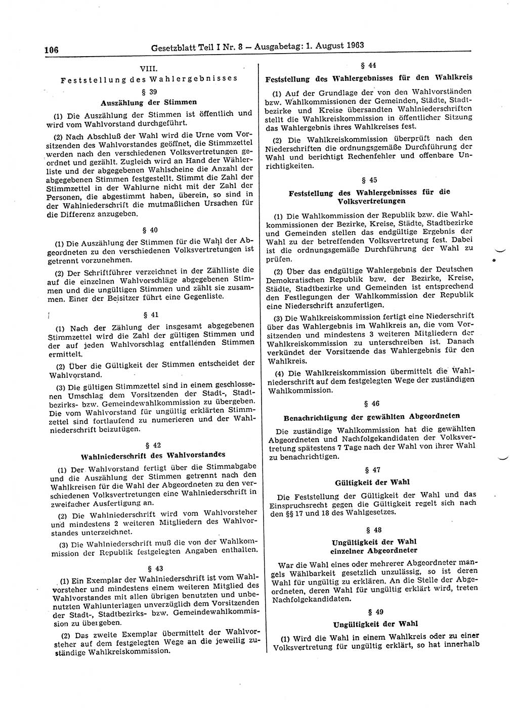 Gesetzblatt (GBl.) der Deutschen Demokratischen Republik (DDR) Teil Ⅰ 1963, Seite 106 (GBl. DDR Ⅰ 1963, S. 106)