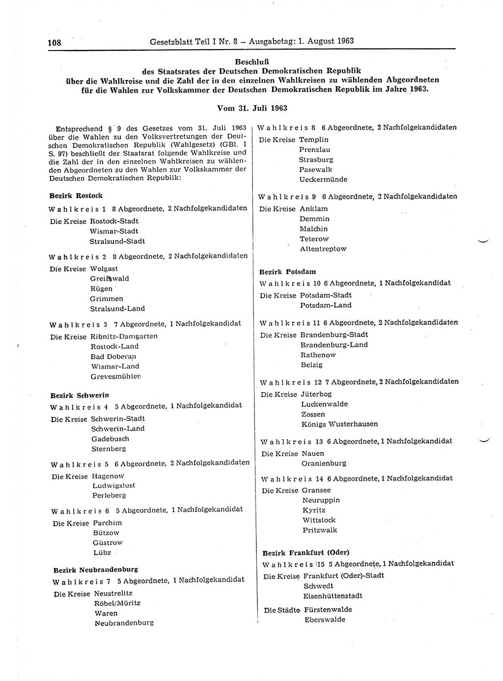Gesetzblatt (GBl.) der Deutschen Demokratischen Republik (DDR) Teil Ⅰ 1963, Seite 108 (GBl. DDR Ⅰ 1963, S. 108)