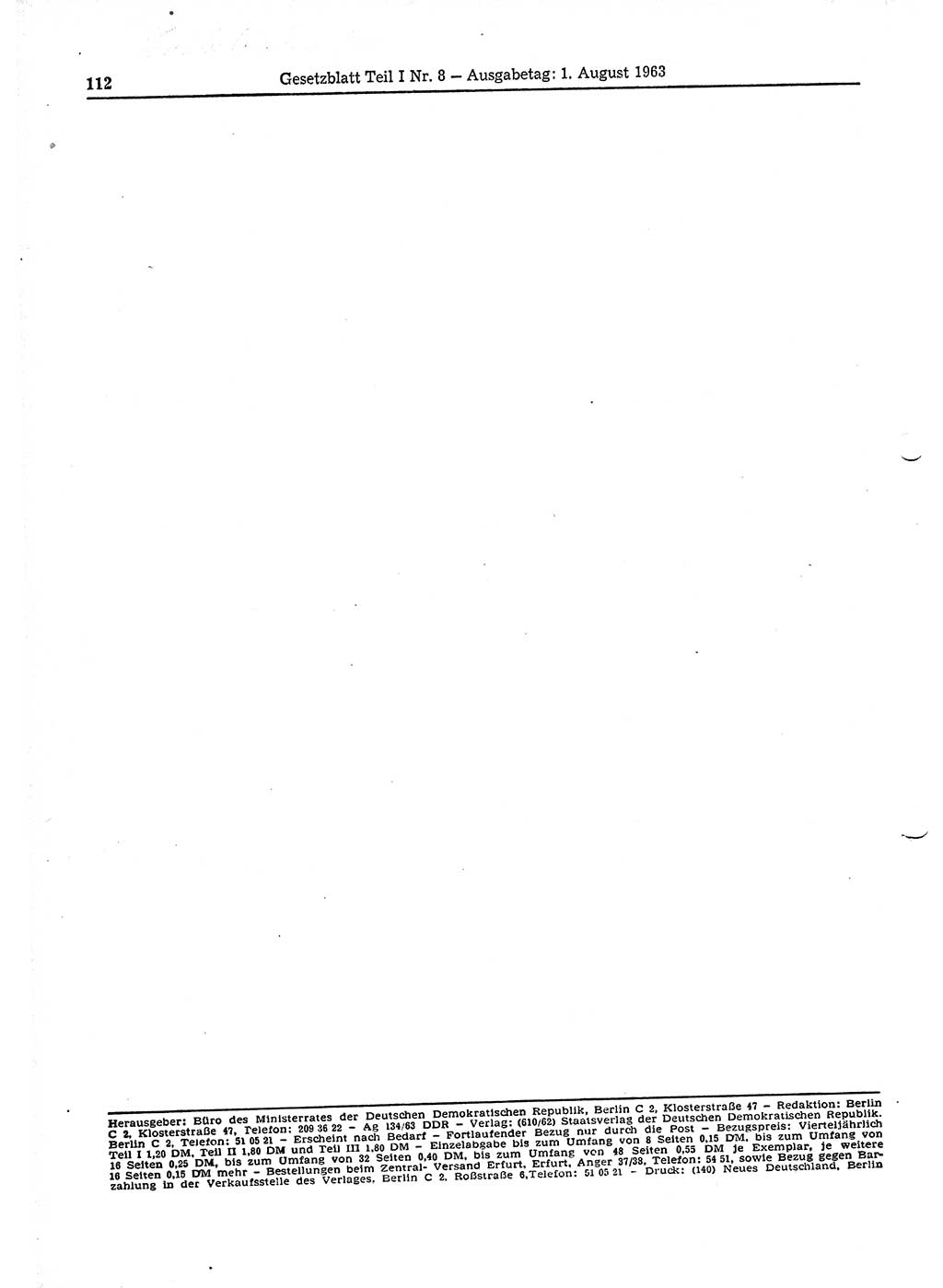 Gesetzblatt (GBl.) der Deutschen Demokratischen Republik (DDR) Teil Ⅰ 1963, Seite 112 (GBl. DDR Ⅰ 1963, S. 112)