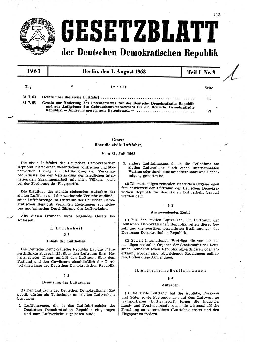 Gesetzblatt (GBl.) der Deutschen Demokratischen Republik (DDR) Teil Ⅰ 1963, Seite 113 (GBl. DDR Ⅰ 1963, S. 113)
