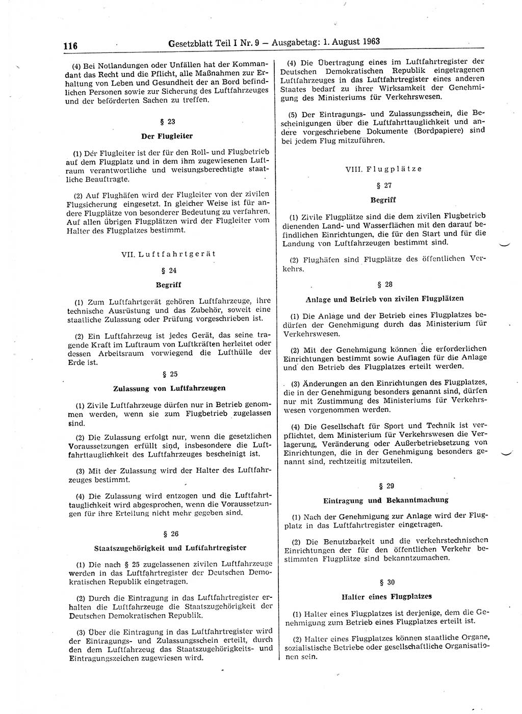 Gesetzblatt (GBl.) der Deutschen Demokratischen Republik (DDR) Teil Ⅰ 1963, Seite 116 (GBl. DDR Ⅰ 1963, S. 116)