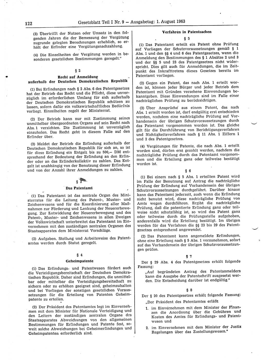 Gesetzblatt (GBl.) der Deutschen Demokratischen Republik (DDR) Teil Ⅰ 1963, Seite 122 (GBl. DDR Ⅰ 1963, S. 122)