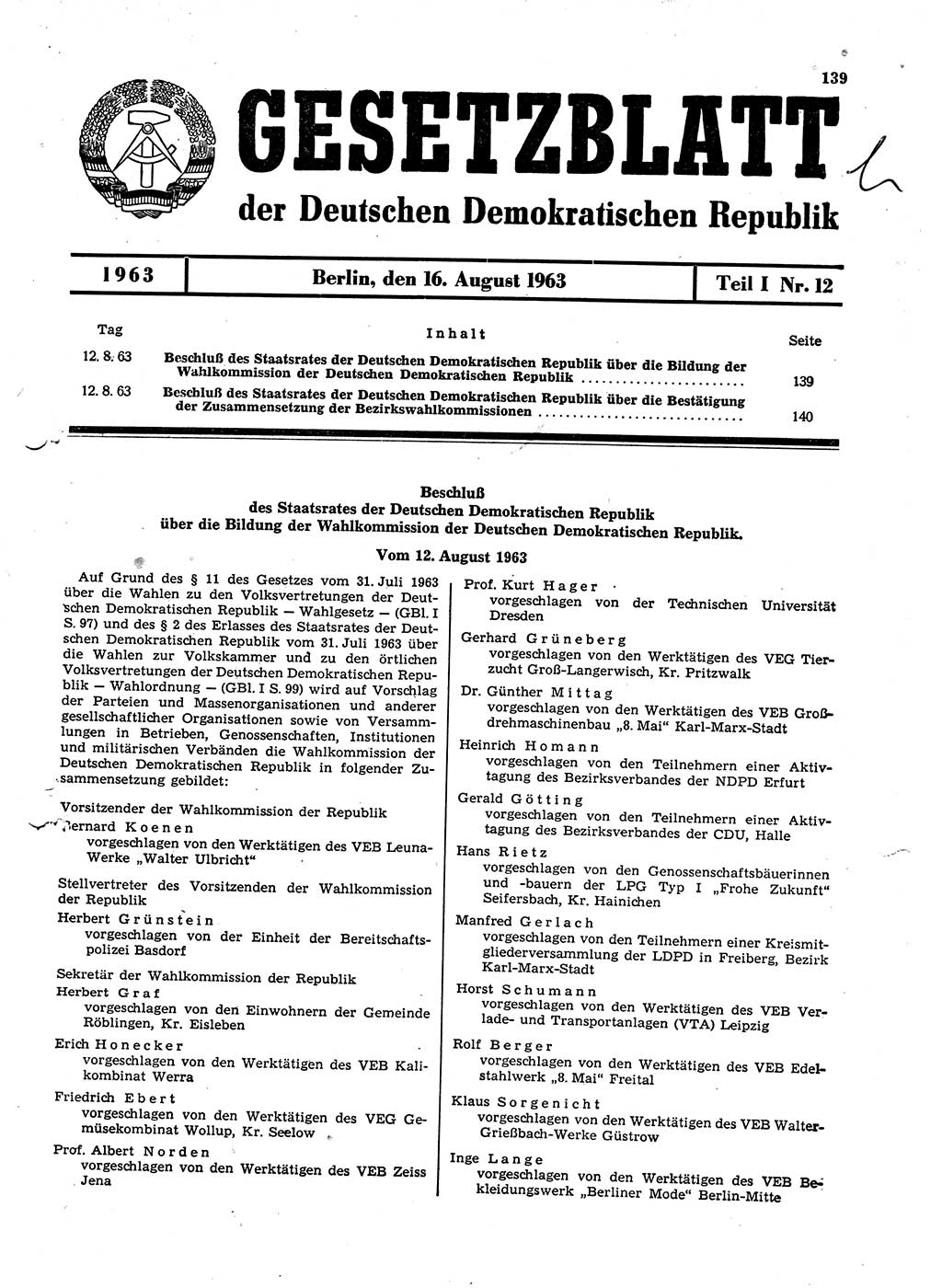Gesetzblatt (GBl.) der Deutschen Demokratischen Republik (DDR) Teil Ⅰ 1963, Seite 139 (GBl. DDR Ⅰ 1963, S. 139)