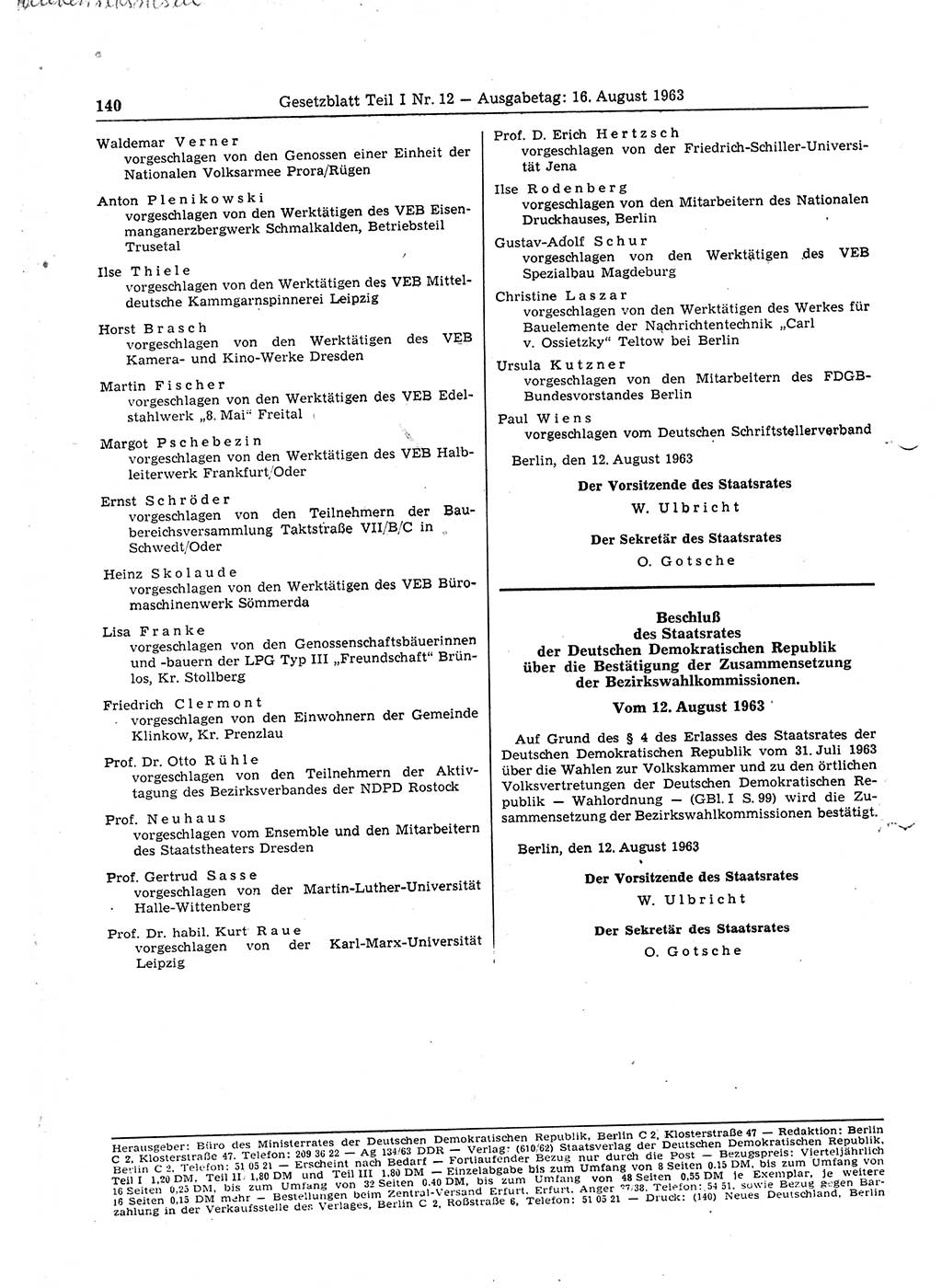 Gesetzblatt (GBl.) der Deutschen Demokratischen Republik (DDR) Teil Ⅰ 1963, Seite 140 (GBl. DDR Ⅰ 1963, S. 140)
