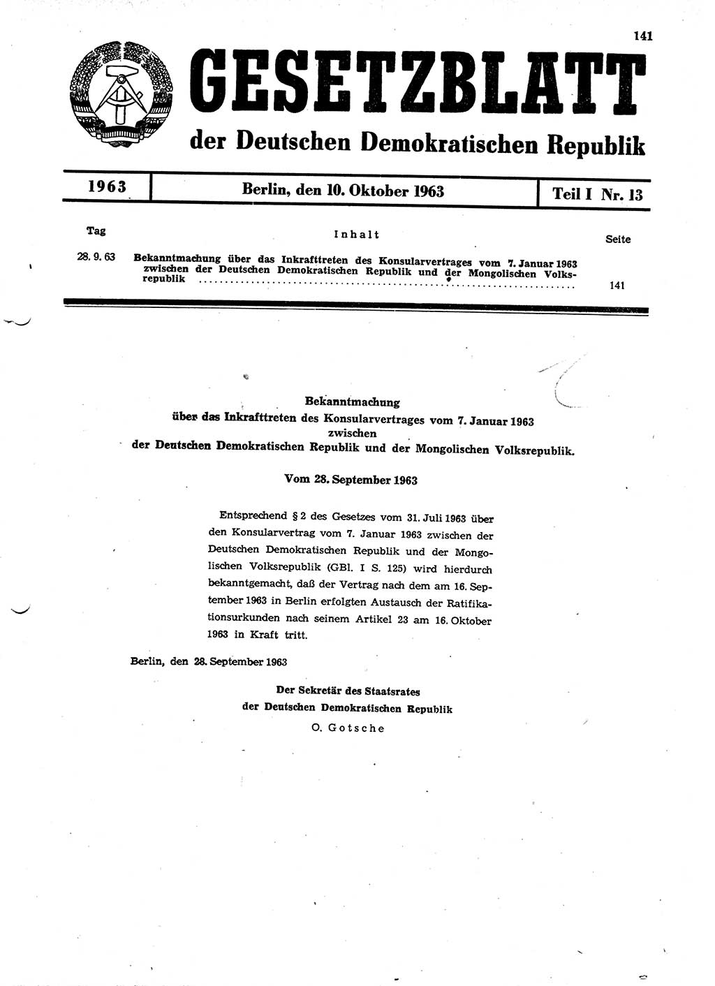 Gesetzblatt (GBl.) der Deutschen Demokratischen Republik (DDR) Teil Ⅰ 1963, Seite 141 (GBl. DDR Ⅰ 1963, S. 141)