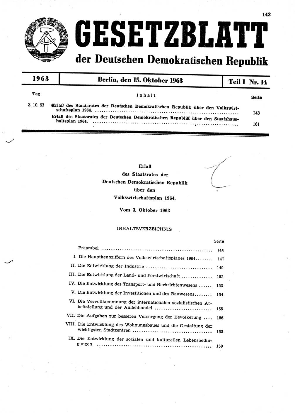 Gesetzblatt (GBl.) der Deutschen Demokratischen Republik (DDR) Teil Ⅰ 1963, Seite 143 (GBl. DDR Ⅰ 1963, S. 143)