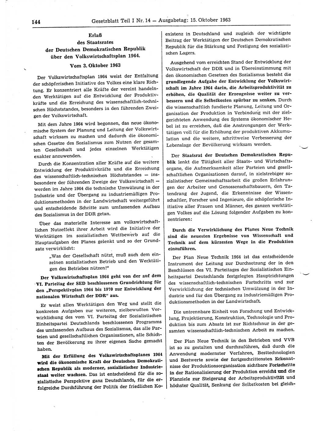Gesetzblatt (GBl.) der Deutschen Demokratischen Republik (DDR) Teil Ⅰ 1963, Seite 144 (GBl. DDR Ⅰ 1963, S. 144)