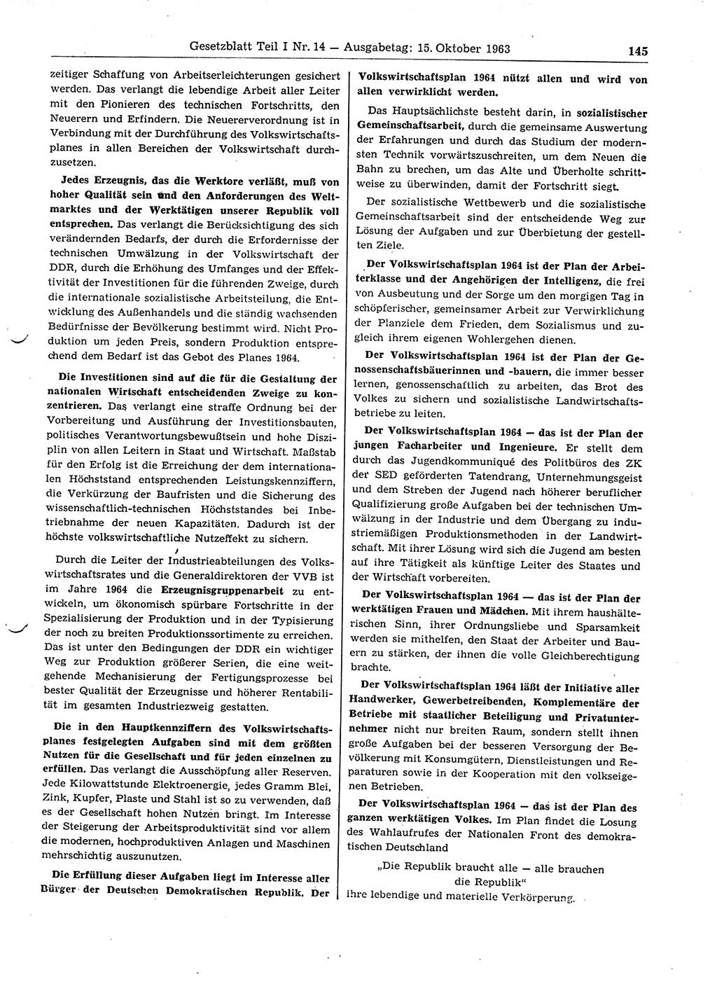 Gesetzblatt (GBl.) der Deutschen Demokratischen Republik (DDR) Teil Ⅰ 1963, Seite 145 (GBl. DDR Ⅰ 1963, S. 145)