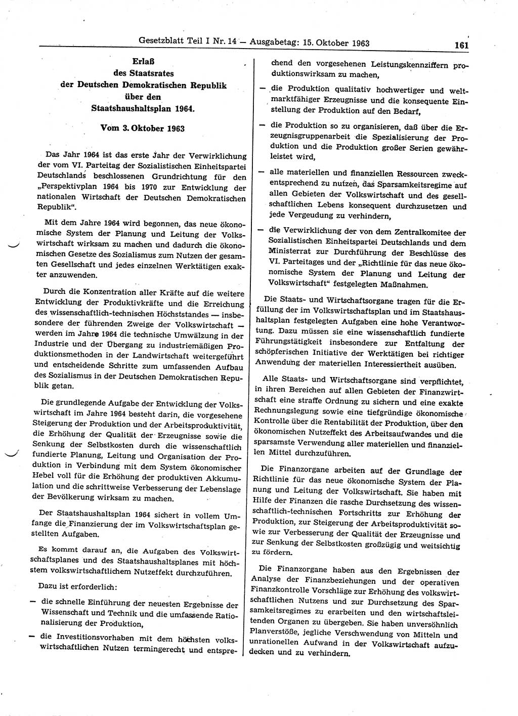 Gesetzblatt (GBl.) der Deutschen Demokratischen Republik (DDR) Teil Ⅰ 1963, Seite 161 (GBl. DDR Ⅰ 1963, S. 161)