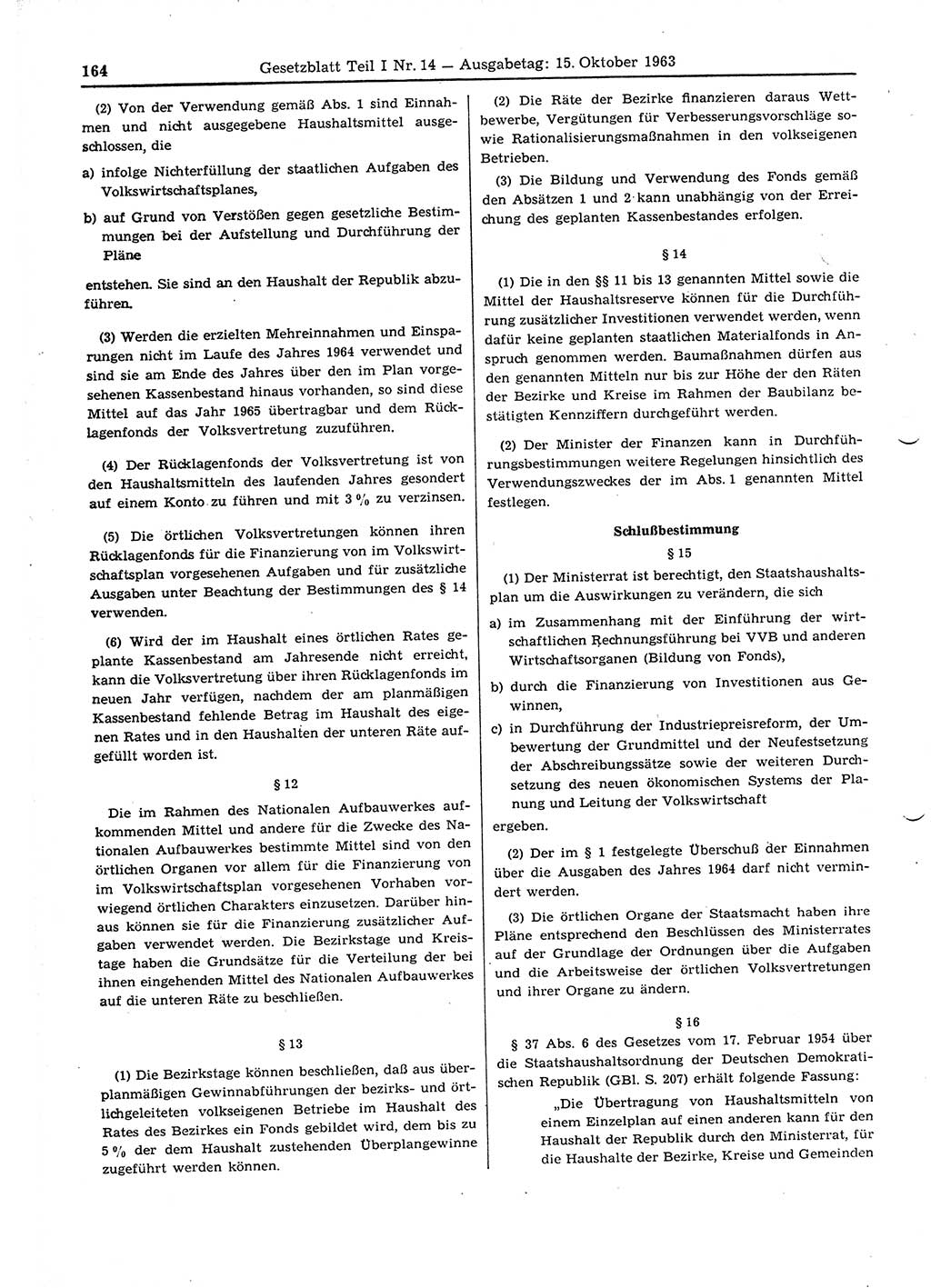 Gesetzblatt (GBl.) der Deutschen Demokratischen Republik (DDR) Teil Ⅰ 1963, Seite 164 (GBl. DDR Ⅰ 1963, S. 164)