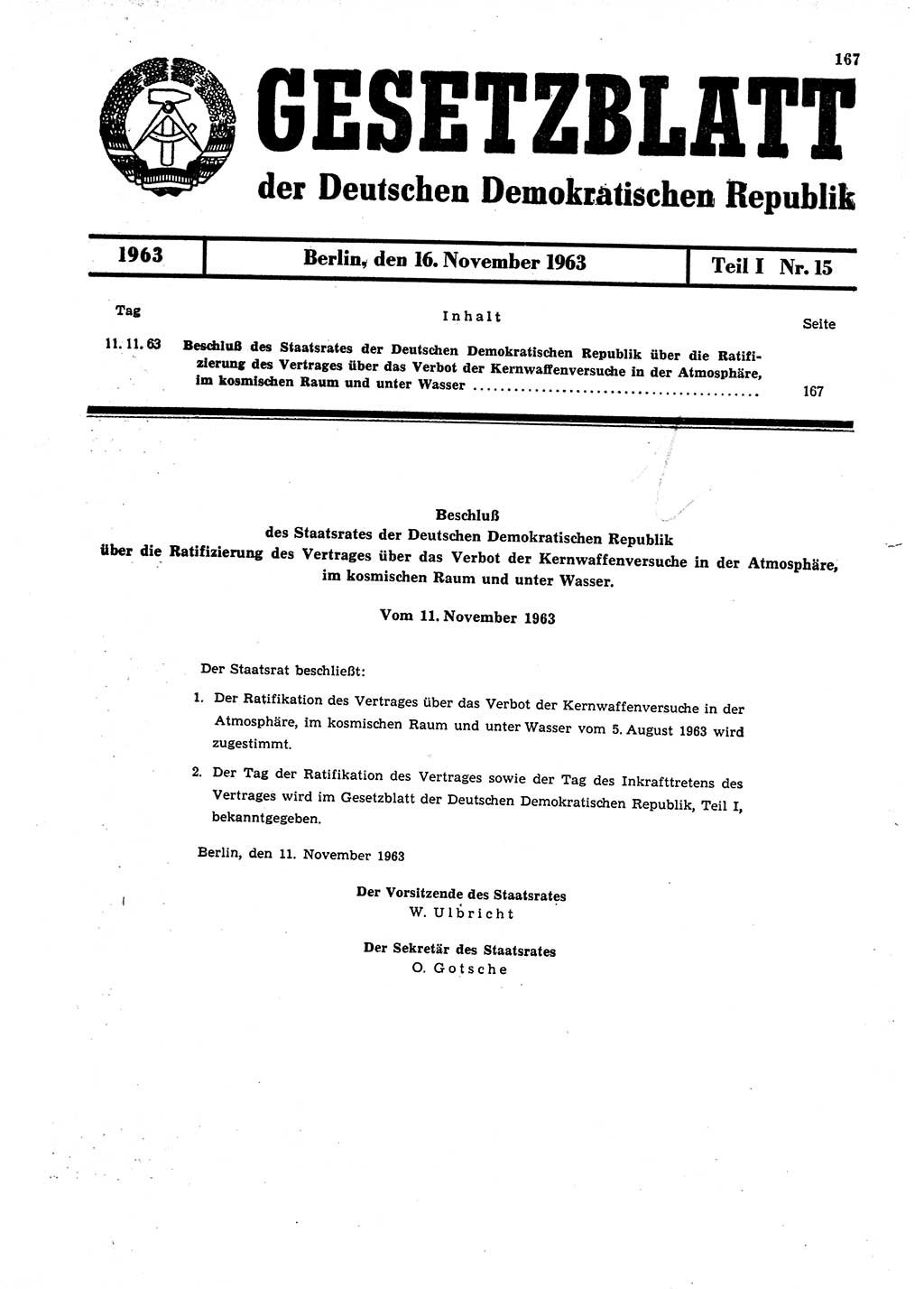 Gesetzblatt (GBl.) der Deutschen Demokratischen Republik (DDR) Teil Ⅰ 1963, Seite 167 (GBl. DDR Ⅰ 1963, S. 167)