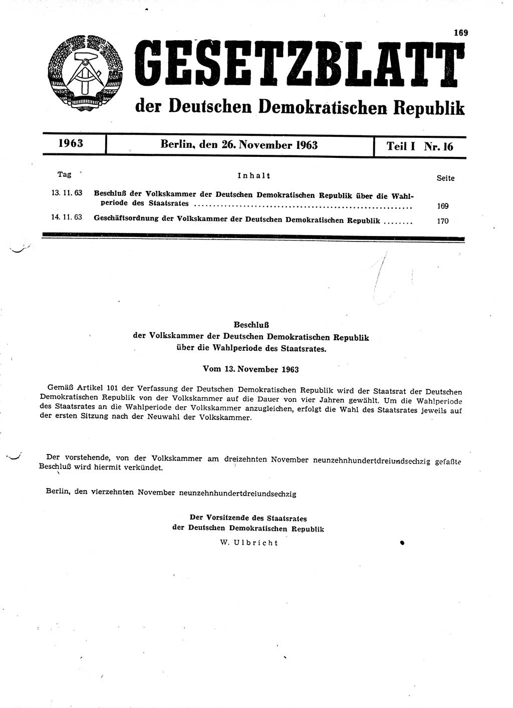 Gesetzblatt (GBl.) der Deutschen Demokratischen Republik (DDR) Teil Ⅰ 1963, Seite 169 (GBl. DDR Ⅰ 1963, S. 169)