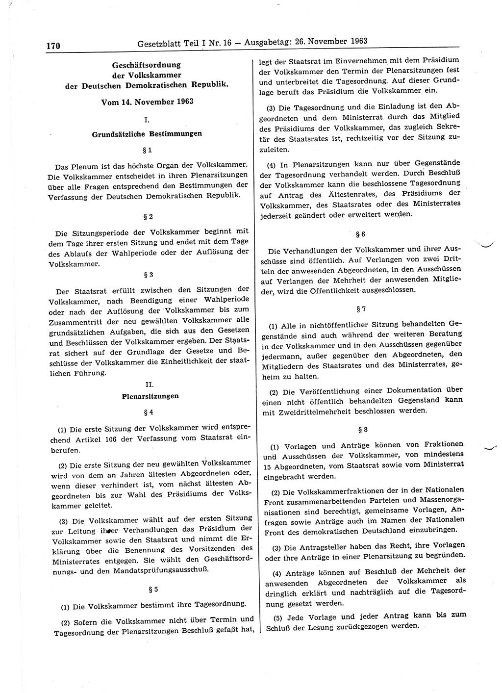 Gesetzblatt (GBl.) der Deutschen Demokratischen Republik (DDR) Teil Ⅰ 1963, Seite 170 (GBl. DDR Ⅰ 1963, S. 170)