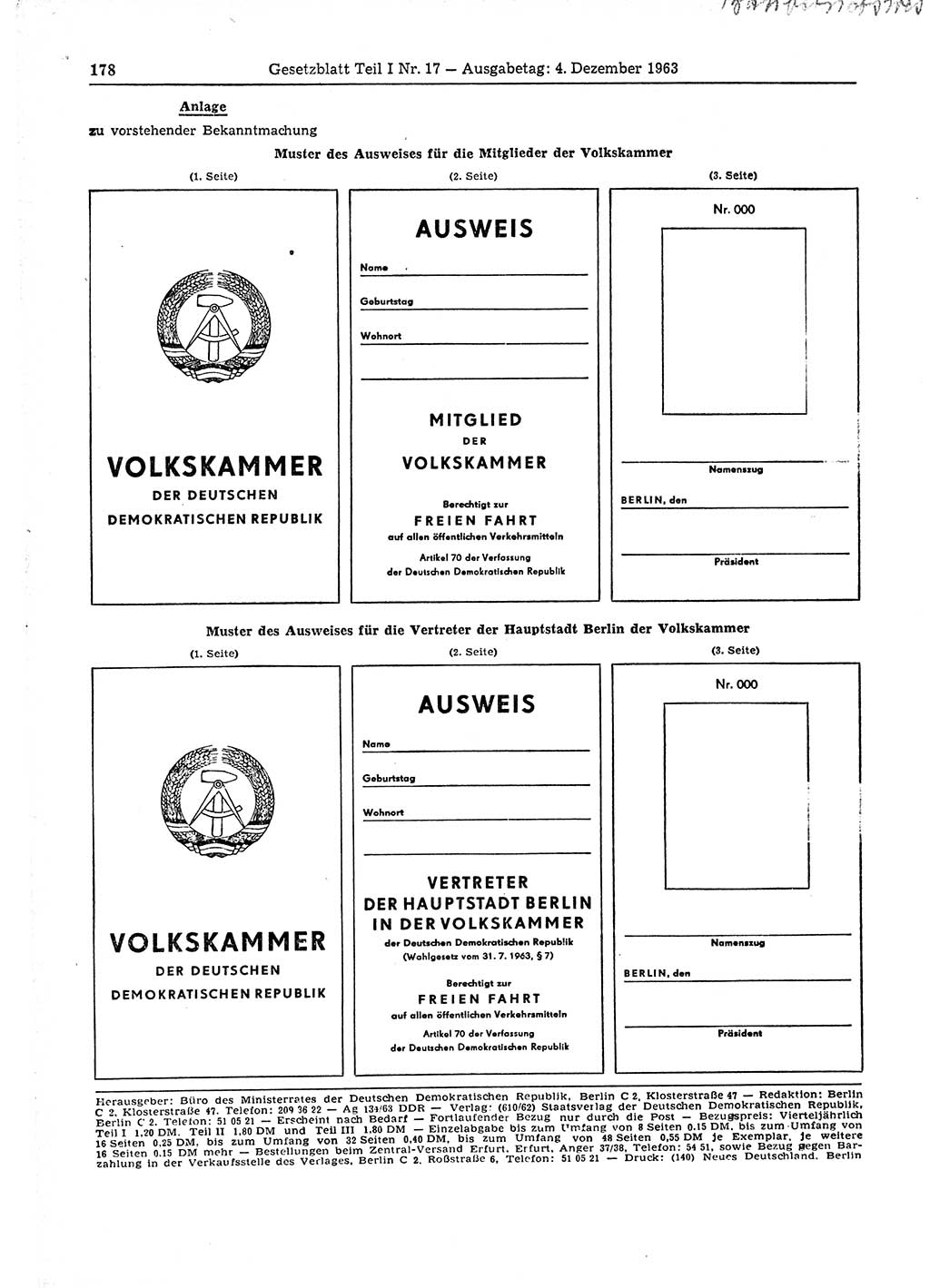 Gesetzblatt (GBl.) der Deutschen Demokratischen Republik (DDR) Teil Ⅰ 1963, Seite 178 (GBl. DDR Ⅰ 1963, S. 178)