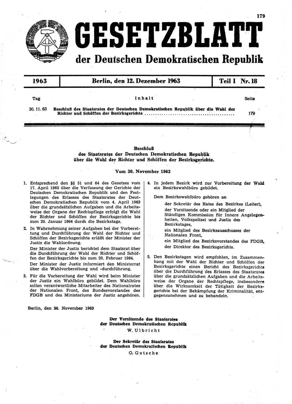 Gesetzblatt (GBl.) der Deutschen Demokratischen Republik (DDR) Teil Ⅰ 1963, Seite 179 (GBl. DDR Ⅰ 1963, S. 179)