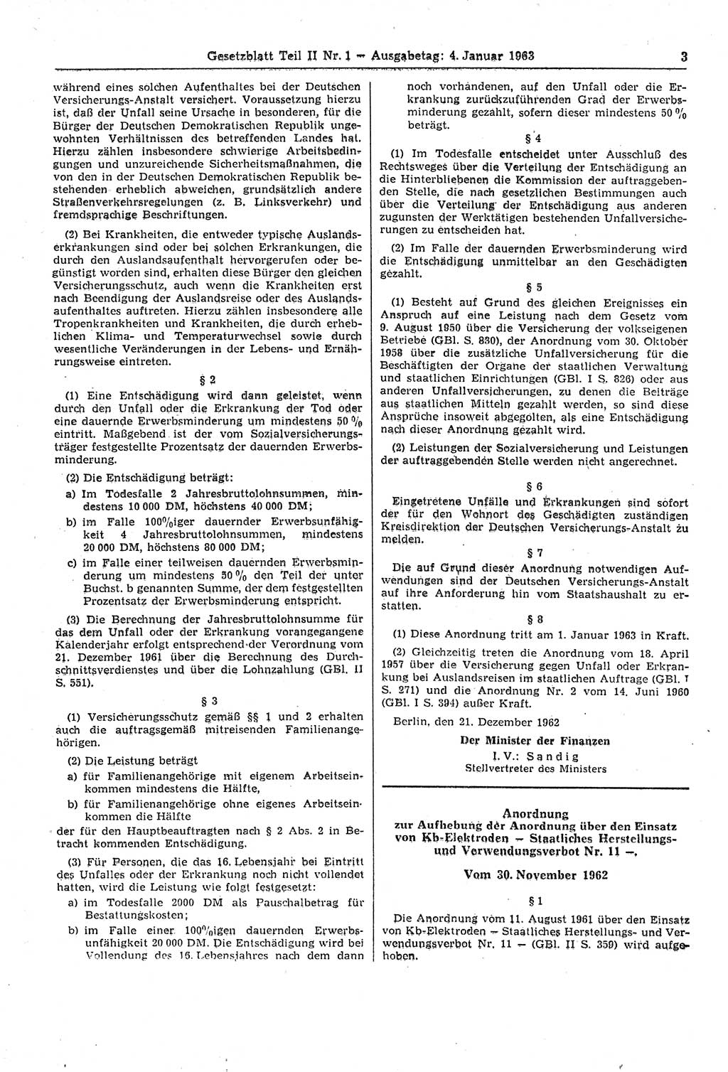 Gesetzblatt (GBl.) der Deutschen Demokratischen Republik (DDR) Teil ⅠⅠ 1963, Seite 3 (GBl. DDR ⅠⅠ 1963, S. 3)