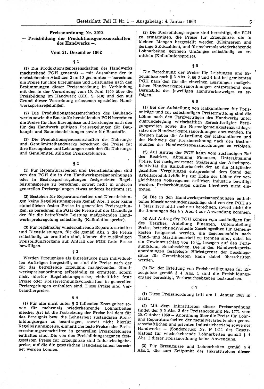 Gesetzblatt (GBl.) der Deutschen Demokratischen Republik (DDR) Teil ⅠⅠ 1963, Seite 5 (GBl. DDR ⅠⅠ 1963, S. 5)