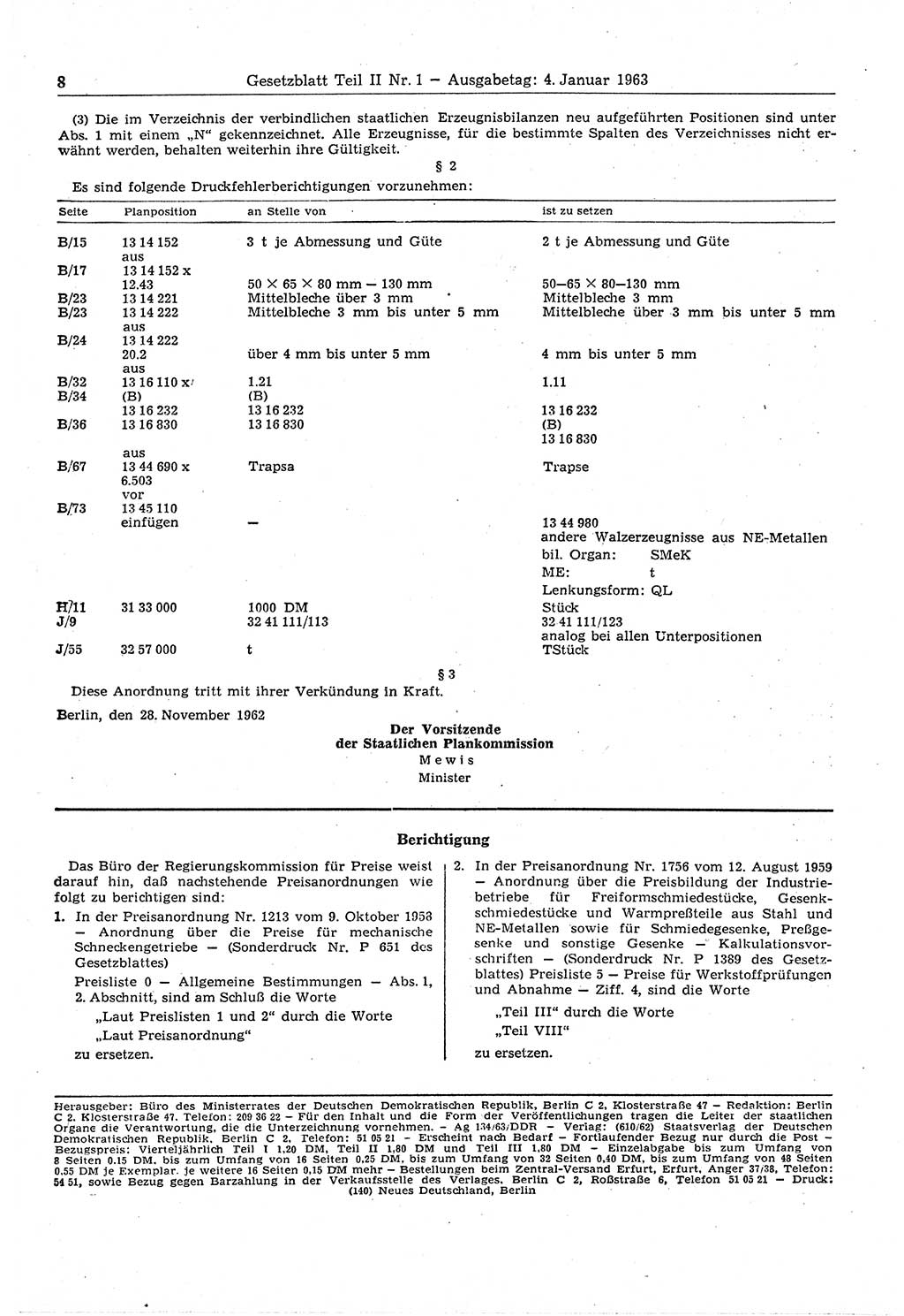 Gesetzblatt (GBl.) der Deutschen Demokratischen Republik (DDR) Teil ⅠⅠ 1963, Seite 8 (GBl. DDR ⅠⅠ 1963, S. 8)