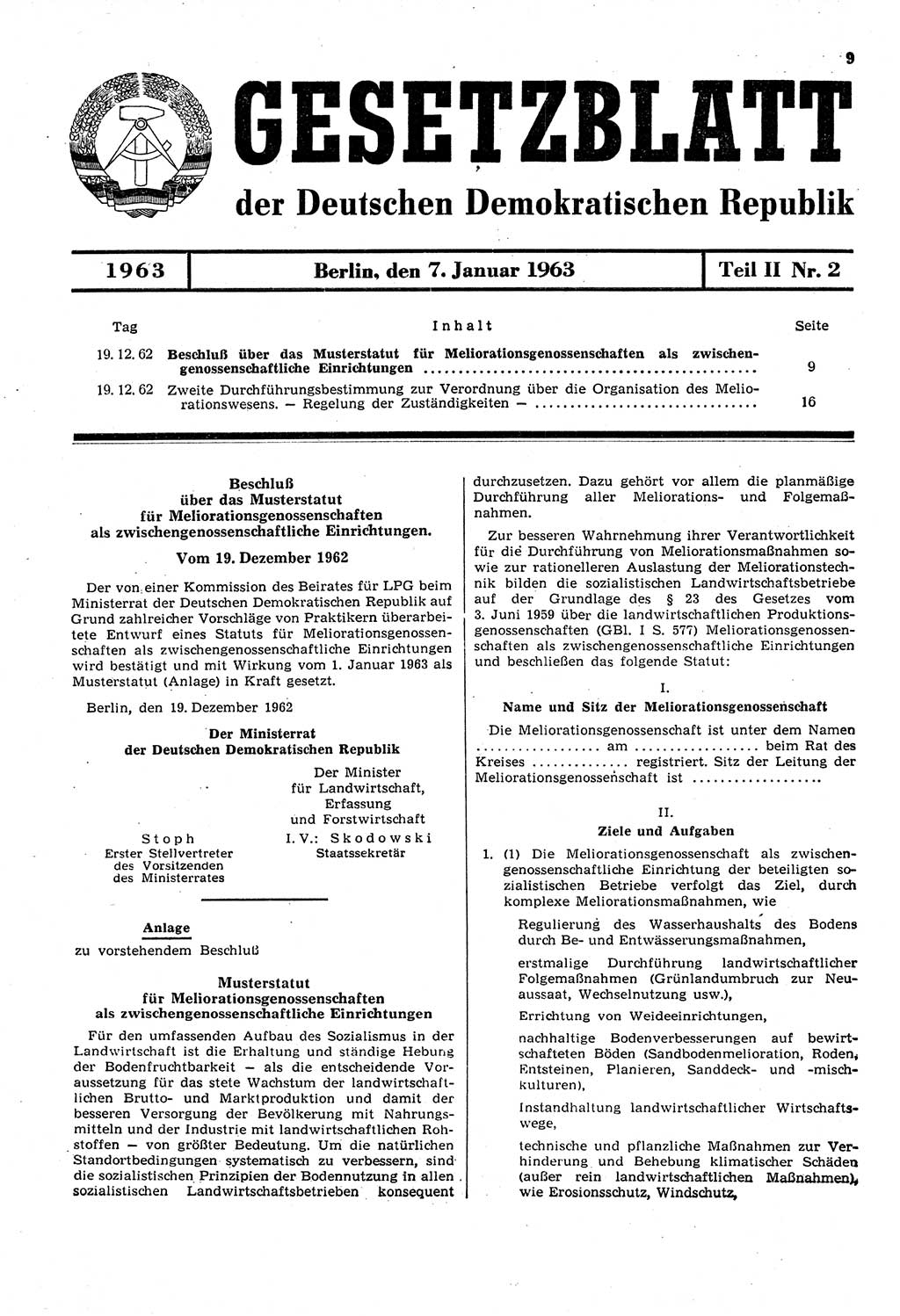 Gesetzblatt (GBl.) der Deutschen Demokratischen Republik (DDR) Teil ⅠⅠ 1963, Seite 9 (GBl. DDR ⅠⅠ 1963, S. 9)