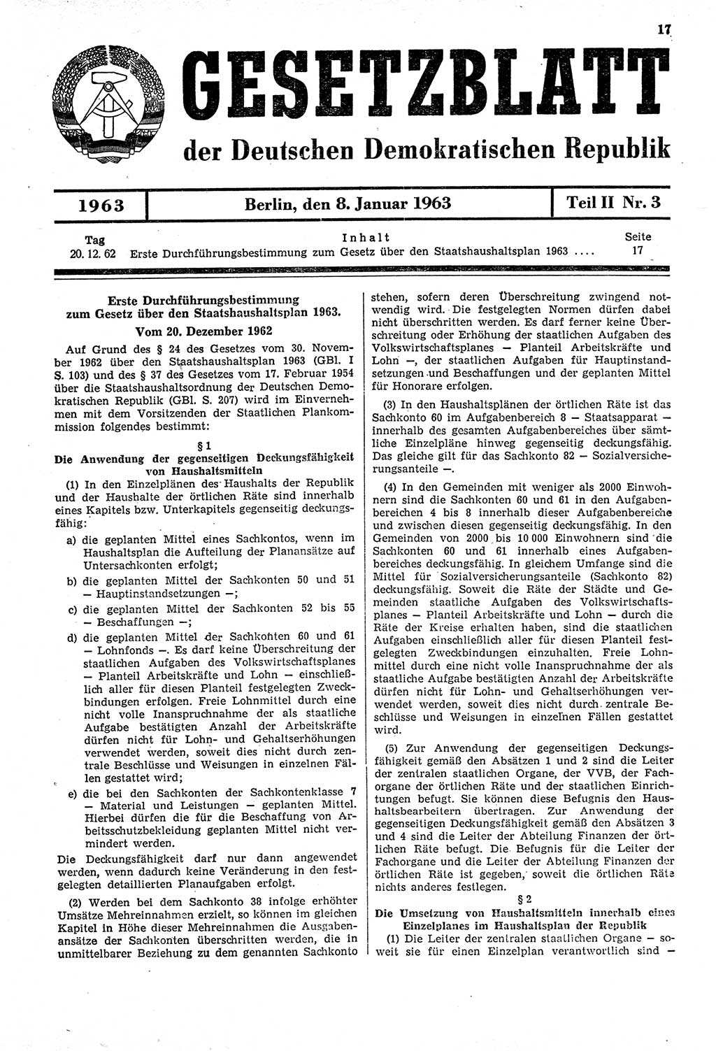 Gesetzblatt (GBl.) der Deutschen Demokratischen Republik (DDR) Teil ⅠⅠ 1963, Seite 17 (GBl. DDR ⅠⅠ 1963, S. 17)