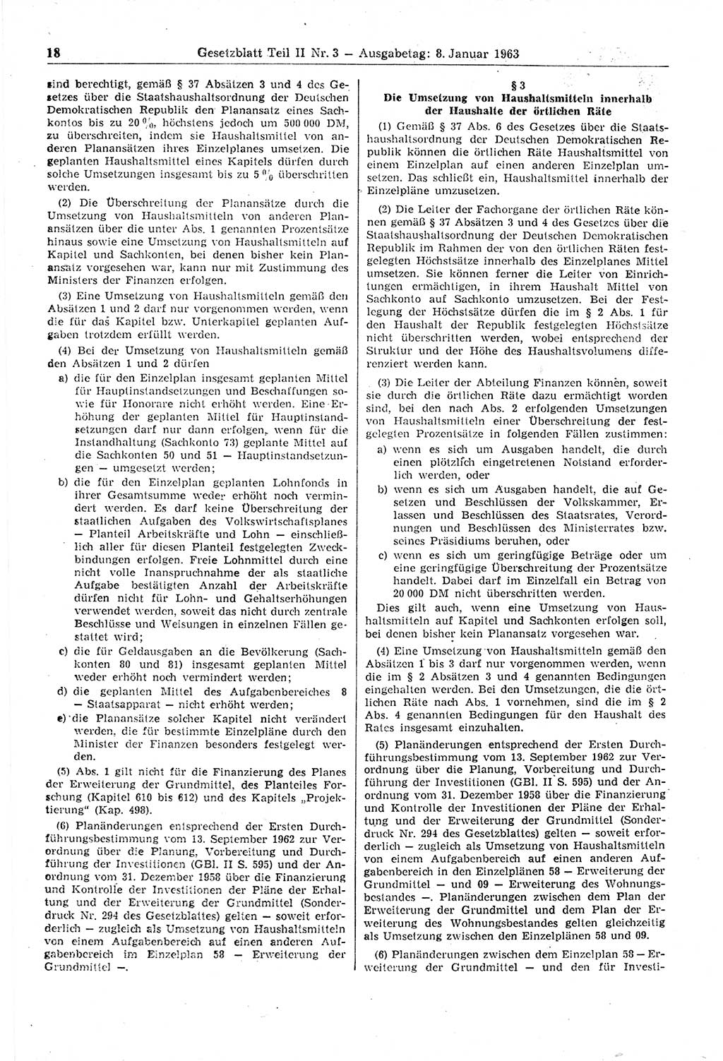 Gesetzblatt (GBl.) der Deutschen Demokratischen Republik (DDR) Teil ⅠⅠ 1963, Seite 18 (GBl. DDR ⅠⅠ 1963, S. 18)