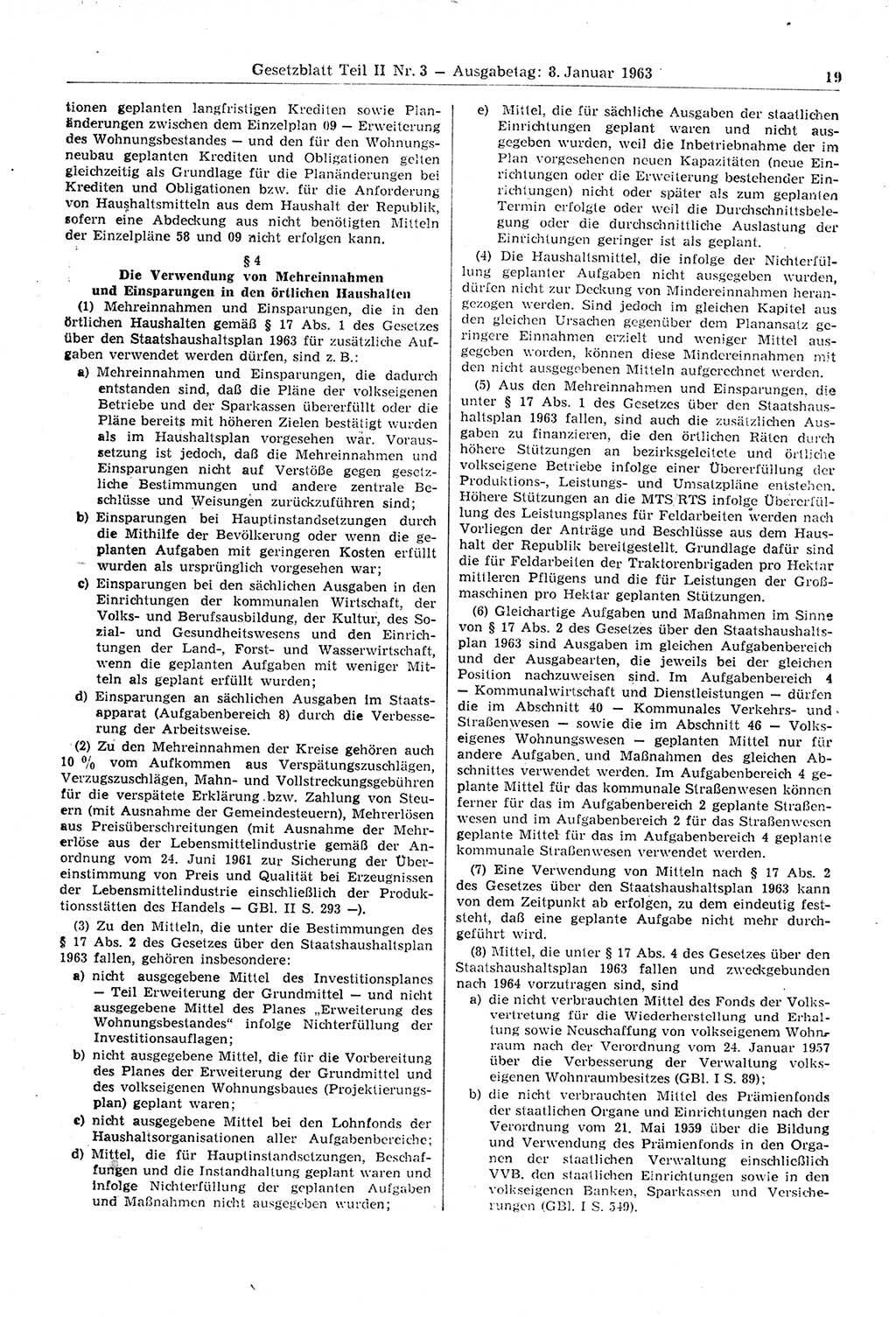 Gesetzblatt (GBl.) der Deutschen Demokratischen Republik (DDR) Teil ⅠⅠ 1963, Seite 19 (GBl. DDR ⅠⅠ 1963, S. 19)