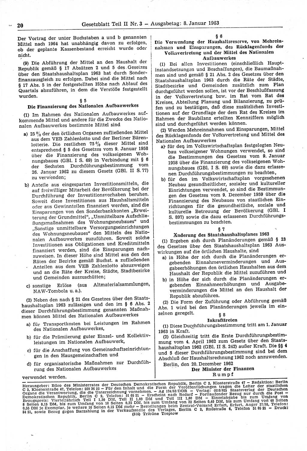 Gesetzblatt (GBl.) der Deutschen Demokratischen Republik (DDR) Teil ⅠⅠ 1963, Seite 20 (GBl. DDR ⅠⅠ 1963, S. 20)