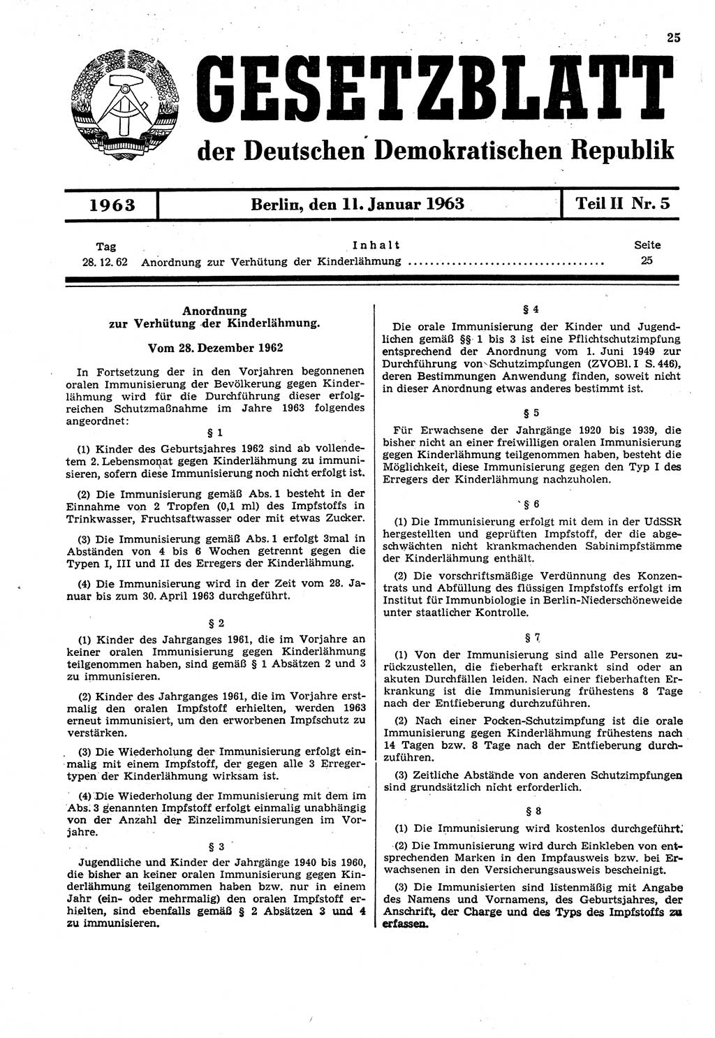 Gesetzblatt (GBl.) der Deutschen Demokratischen Republik (DDR) Teil ⅠⅠ 1963, Seite 25 (GBl. DDR ⅠⅠ 1963, S. 25)