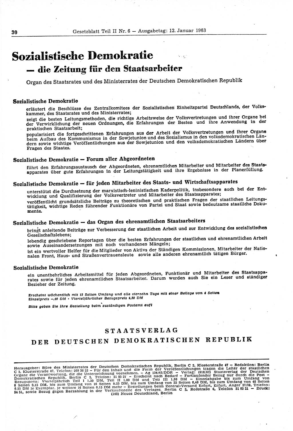 Gesetzblatt (GBl.) der Deutschen Demokratischen Republik (DDR) Teil ⅠⅠ 1963, Seite 30 (GBl. DDR ⅠⅠ 1963, S. 30)