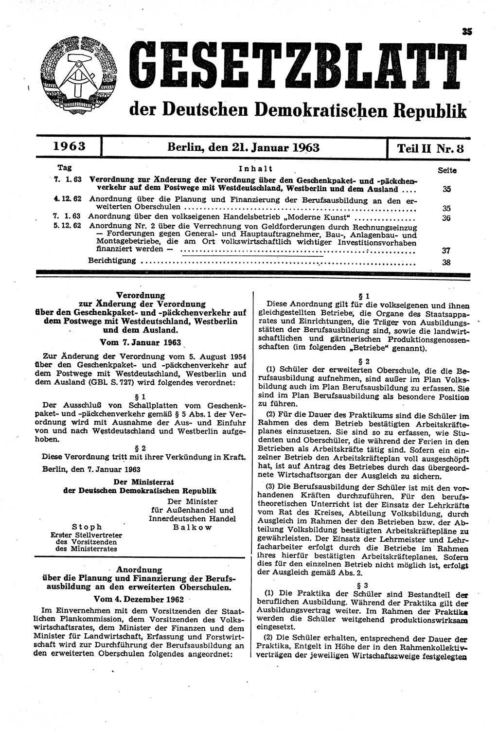 Gesetzblatt (GBl.) der Deutschen Demokratischen Republik (DDR) Teil ⅠⅠ 1963, Seite 35 (GBl. DDR ⅠⅠ 1963, S. 35)