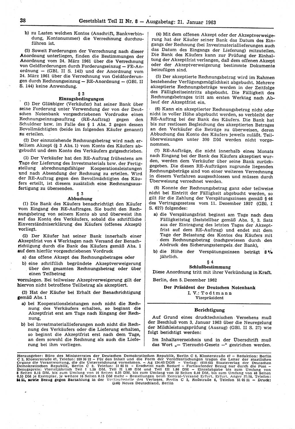 Gesetzblatt (GBl.) der Deutschen Demokratischen Republik (DDR) Teil ⅠⅠ 1963, Seite 38 (GBl. DDR ⅠⅠ 1963, S. 38)