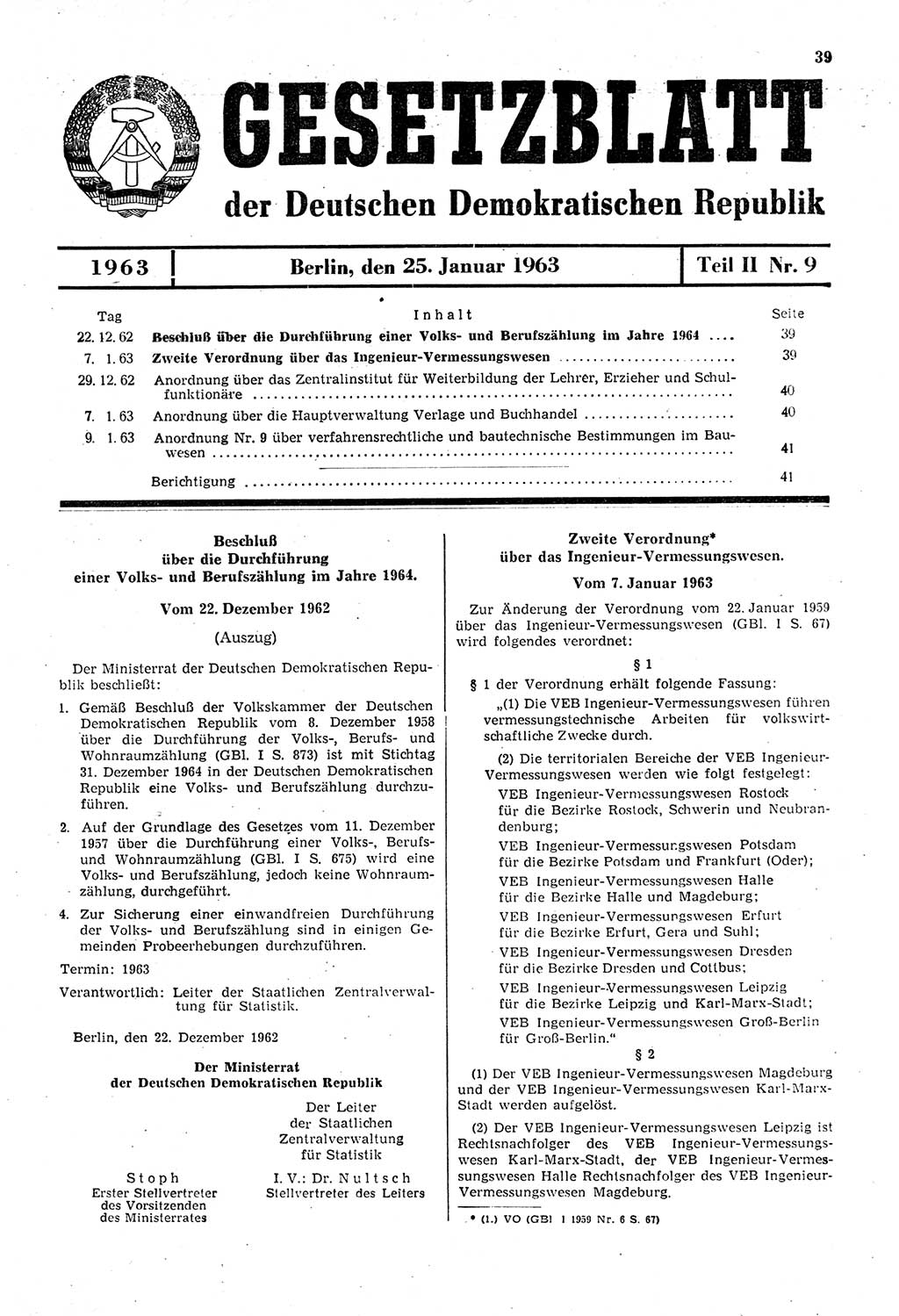 Gesetzblatt (GBl.) der Deutschen Demokratischen Republik (DDR) Teil ⅠⅠ 1963, Seite 39 (GBl. DDR ⅠⅠ 1963, S. 39)