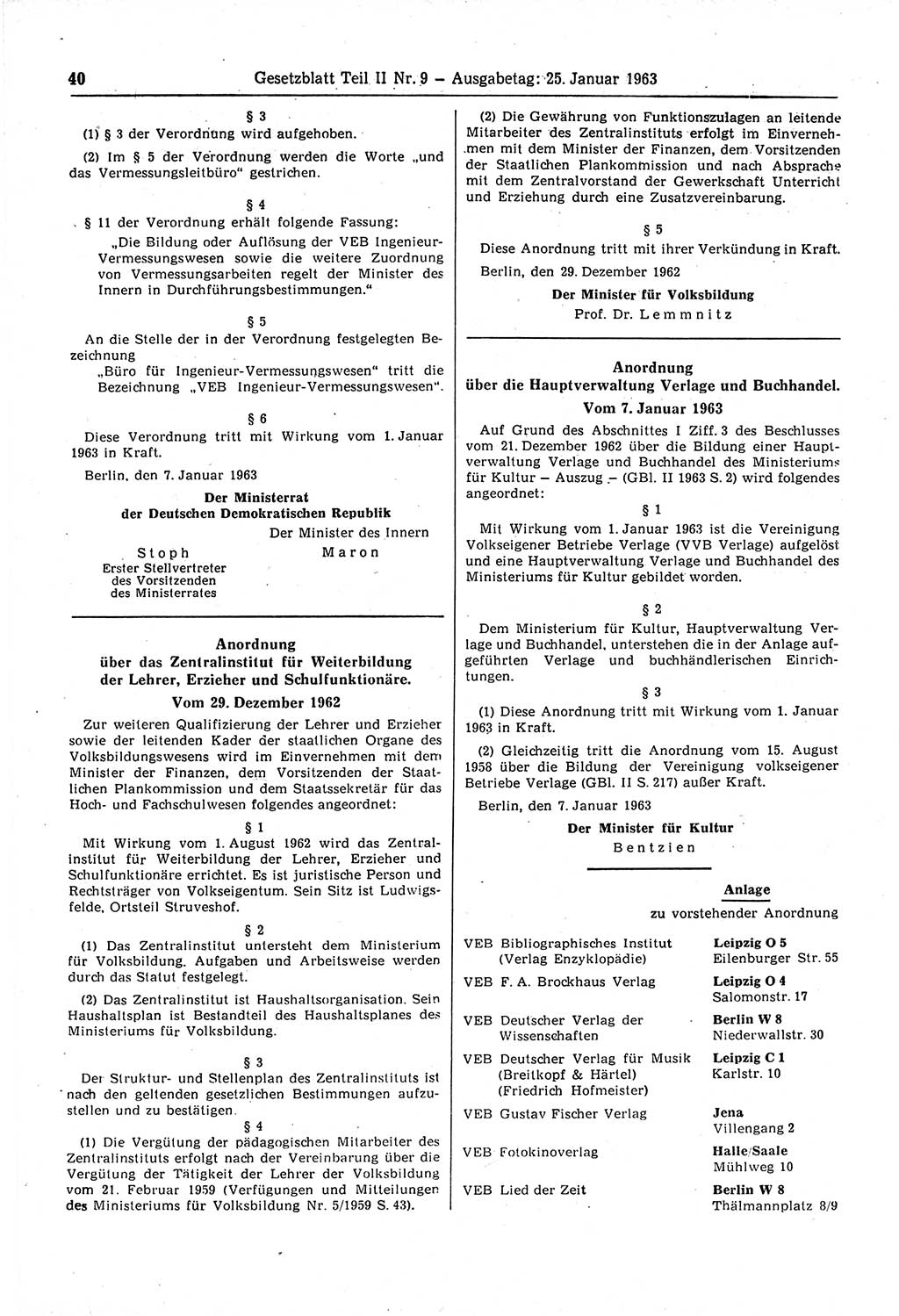Gesetzblatt (GBl.) der Deutschen Demokratischen Republik (DDR) Teil ⅠⅠ 1963, Seite 40 (GBl. DDR ⅠⅠ 1963, S. 40)