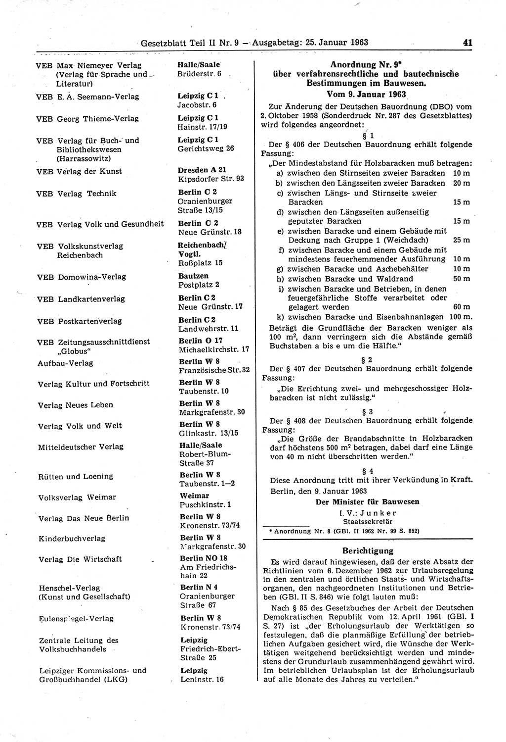 Gesetzblatt (GBl.) der Deutschen Demokratischen Republik (DDR) Teil ⅠⅠ 1963, Seite 41 (GBl. DDR ⅠⅠ 1963, S. 41)