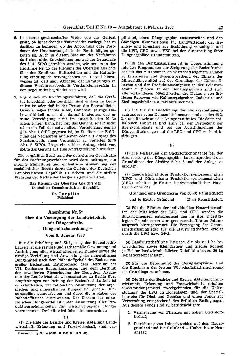 Gesetzblatt (GBl.) der Deutschen Demokratischen Republik (DDR) Teil ⅠⅠ 1963, Seite 47 (GBl. DDR ⅠⅠ 1963, S. 47)