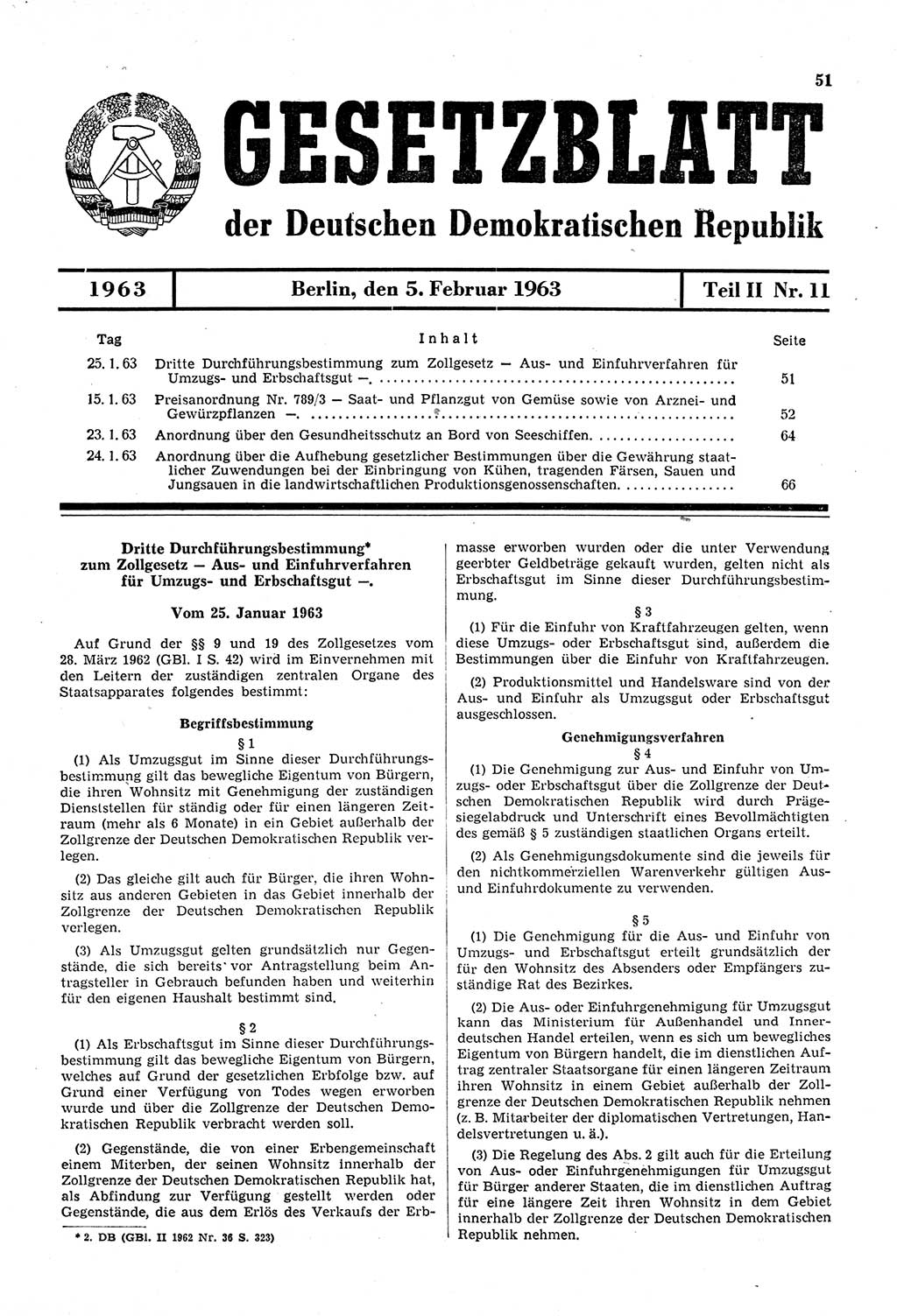 Gesetzblatt (GBl.) der Deutschen Demokratischen Republik (DDR) Teil ⅠⅠ 1963, Seite 51 (GBl. DDR ⅠⅠ 1963, S. 51)