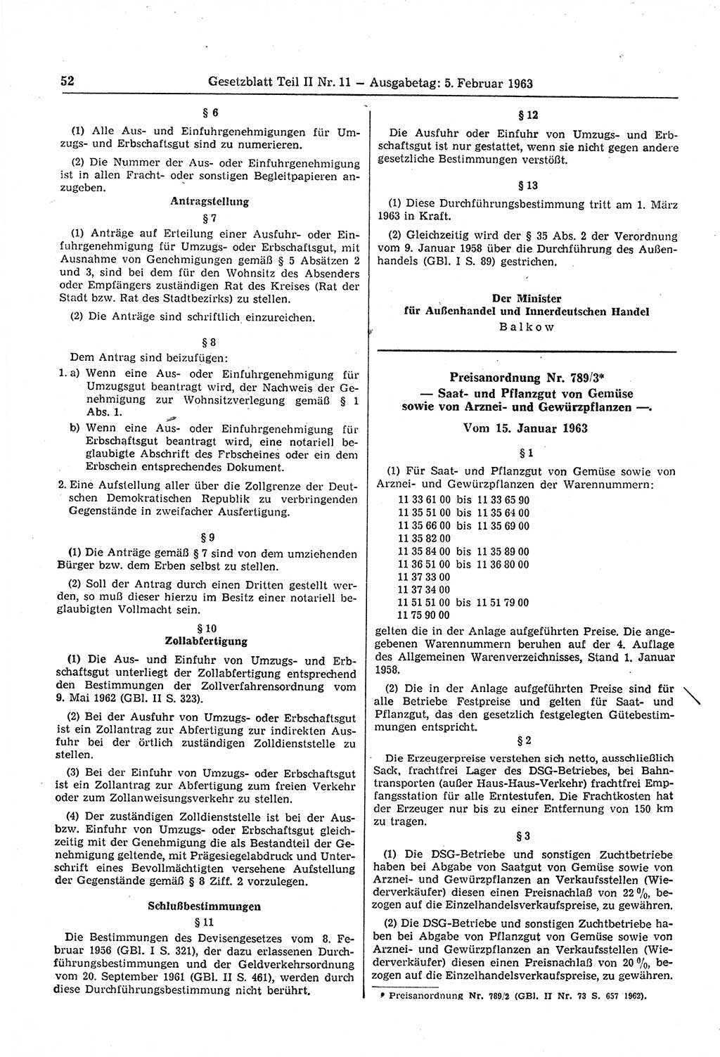 Gesetzblatt (GBl.) der Deutschen Demokratischen Republik (DDR) Teil ⅠⅠ 1963, Seite 52 (GBl. DDR ⅠⅠ 1963, S. 52)