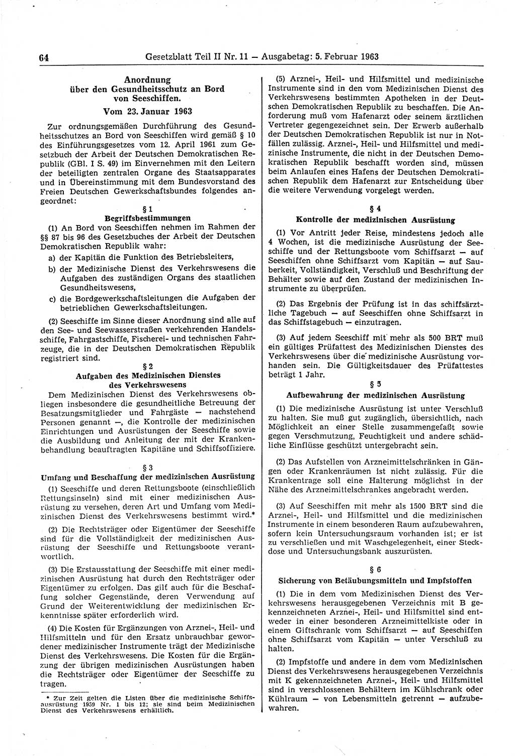 Gesetzblatt (GBl.) der Deutschen Demokratischen Republik (DDR) Teil ⅠⅠ 1963, Seite 64 (GBl. DDR ⅠⅠ 1963, S. 64)