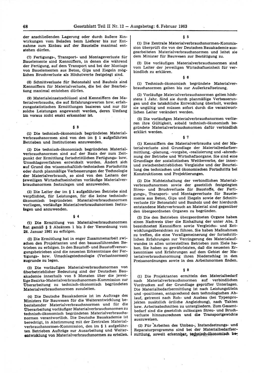 Gesetzblatt (GBl.) der Deutschen Demokratischen Republik (DDR) Teil ⅠⅠ 1963, Seite 68 (GBl. DDR ⅠⅠ 1963, S. 68)