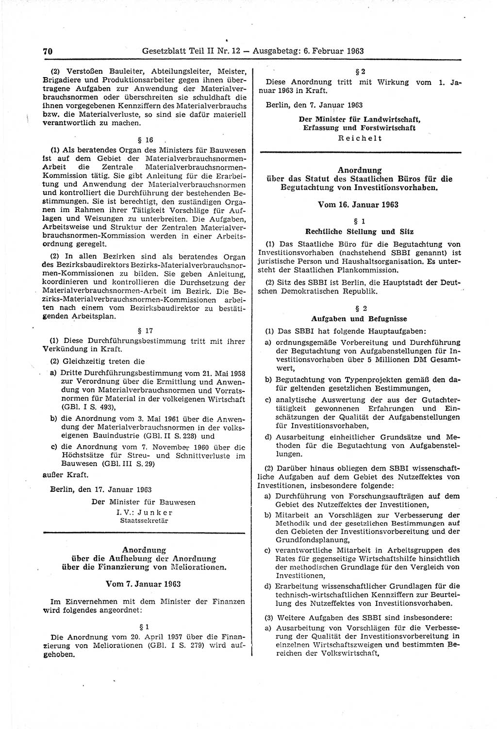 Gesetzblatt (GBl.) der Deutschen Demokratischen Republik (DDR) Teil ⅠⅠ 1963, Seite 70 (GBl. DDR ⅠⅠ 1963, S. 70)
