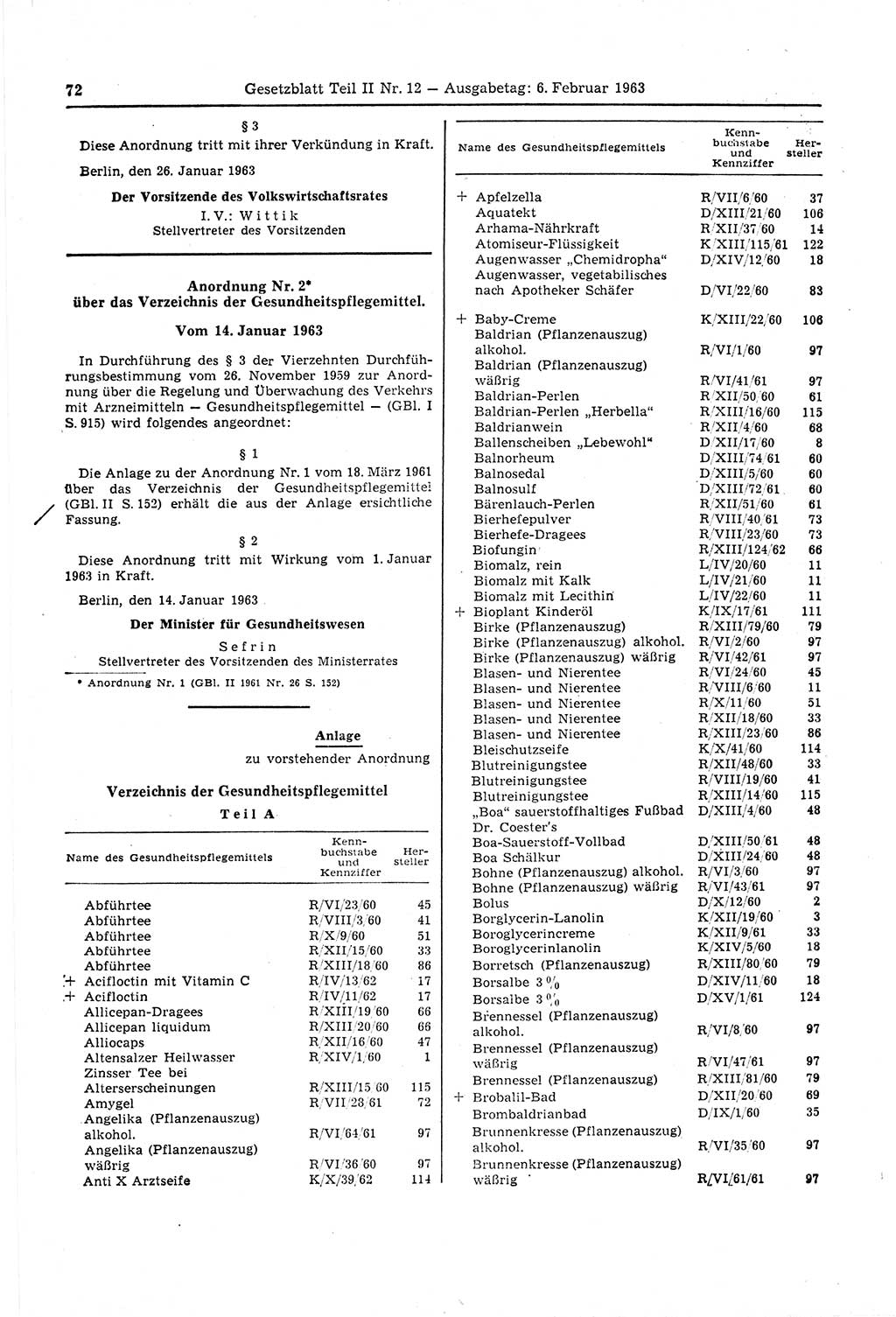 Gesetzblatt (GBl.) der Deutschen Demokratischen Republik (DDR) Teil ⅠⅠ 1963, Seite 72 (GBl. DDR ⅠⅠ 1963, S. 72)