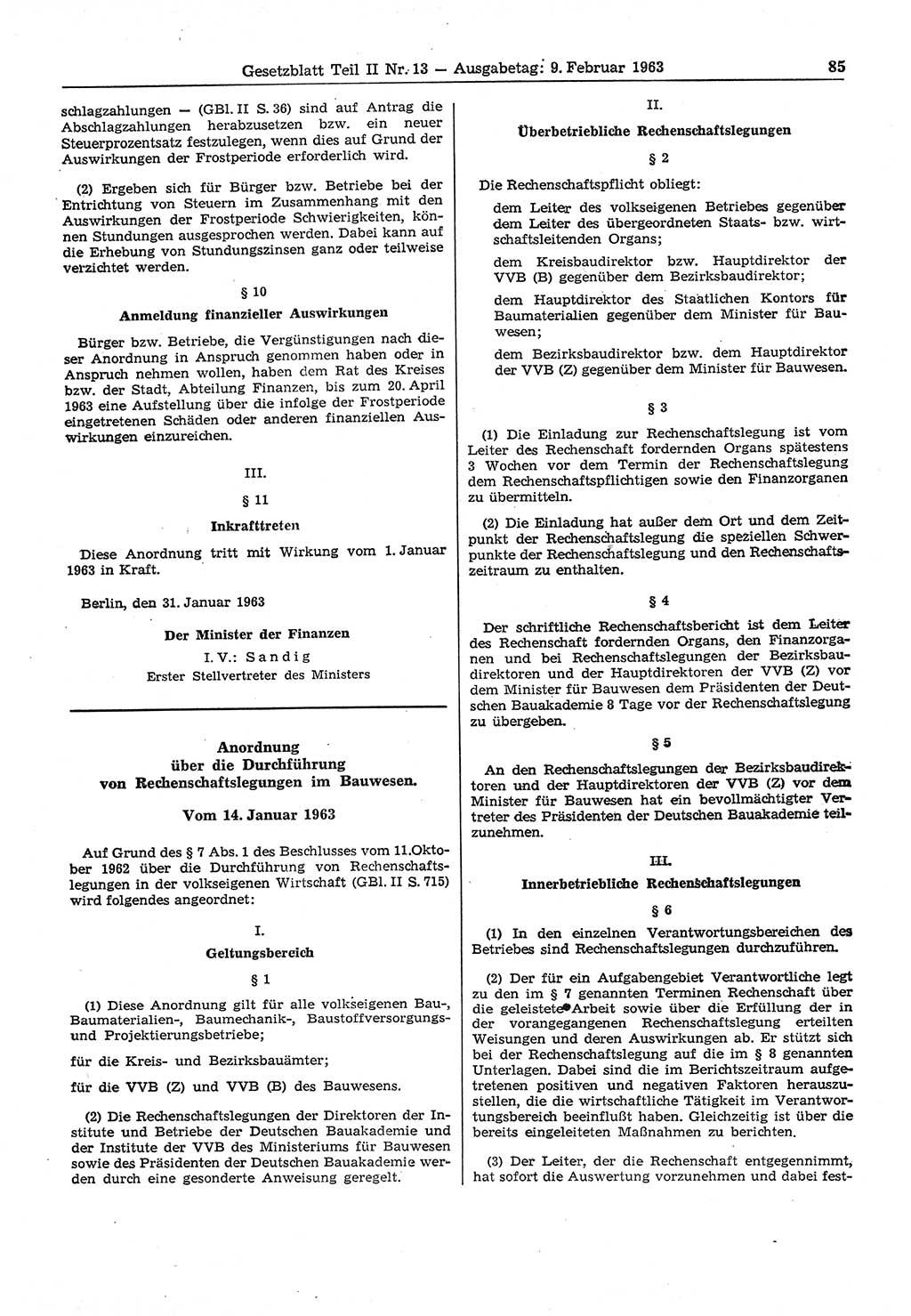 Gesetzblatt (GBl.) der Deutschen Demokratischen Republik (DDR) Teil ⅠⅠ 1963, Seite 85 (GBl. DDR ⅠⅠ 1963, S. 85)