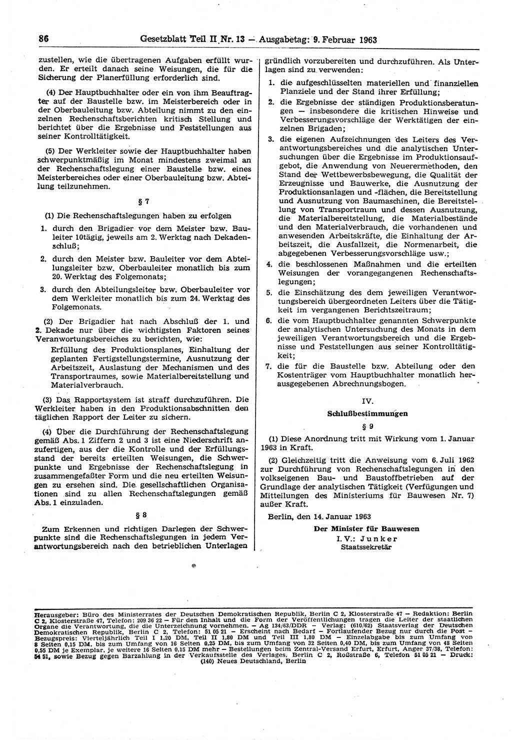 Gesetzblatt (GBl.) der Deutschen Demokratischen Republik (DDR) Teil ⅠⅠ 1963, Seite 86 (GBl. DDR ⅠⅠ 1963, S. 86)