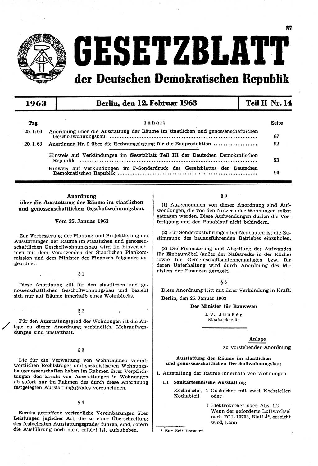 Gesetzblatt (GBl.) der Deutschen Demokratischen Republik (DDR) Teil ⅠⅠ 1963, Seite 87 (GBl. DDR ⅠⅠ 1963, S. 87)