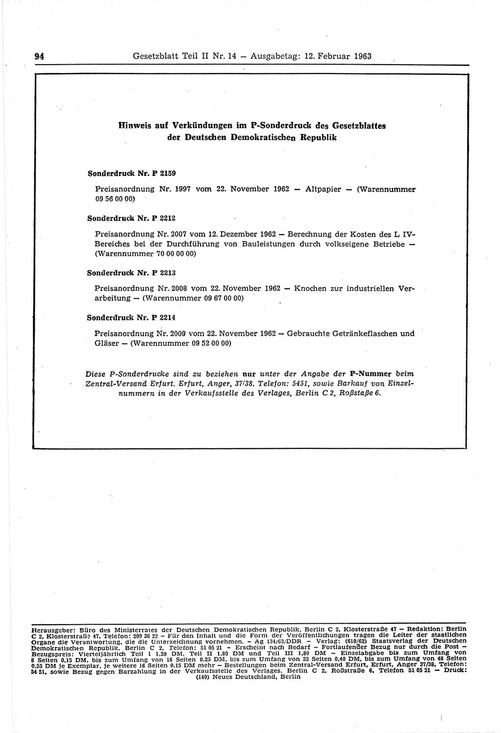Gesetzblatt (GBl.) der Deutschen Demokratischen Republik (DDR) Teil ⅠⅠ 1963, Seite 94 (GBl. DDR ⅠⅠ 1963, S. 94)