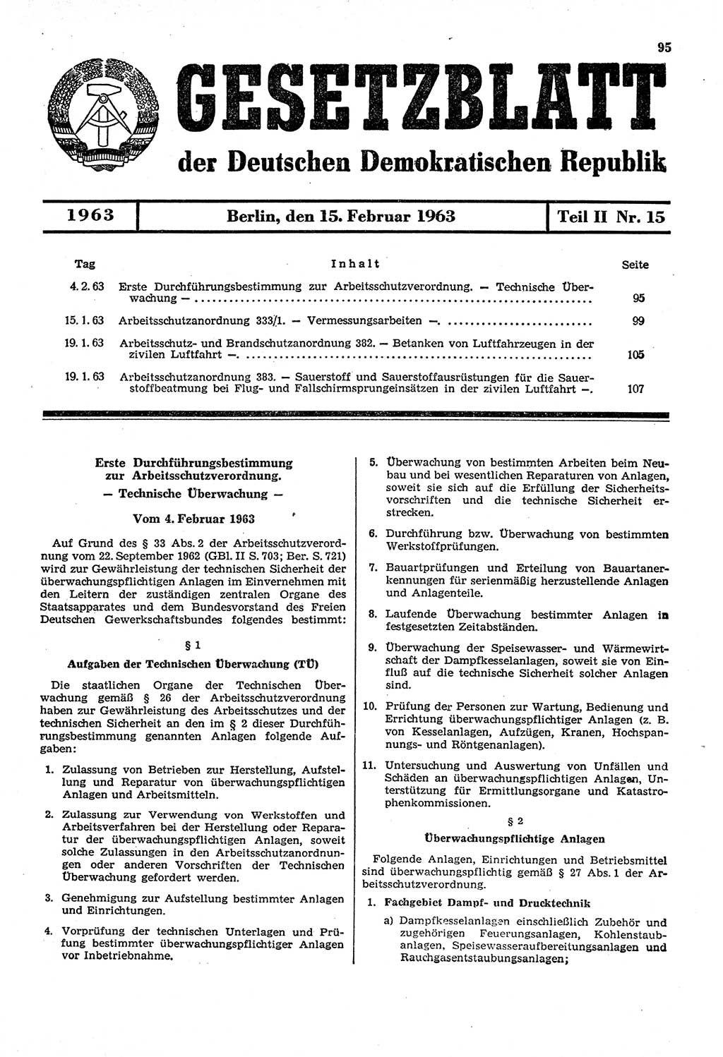 Gesetzblatt (GBl.) der Deutschen Demokratischen Republik (DDR) Teil ⅠⅠ 1963, Seite 95 (GBl. DDR ⅠⅠ 1963, S. 95)