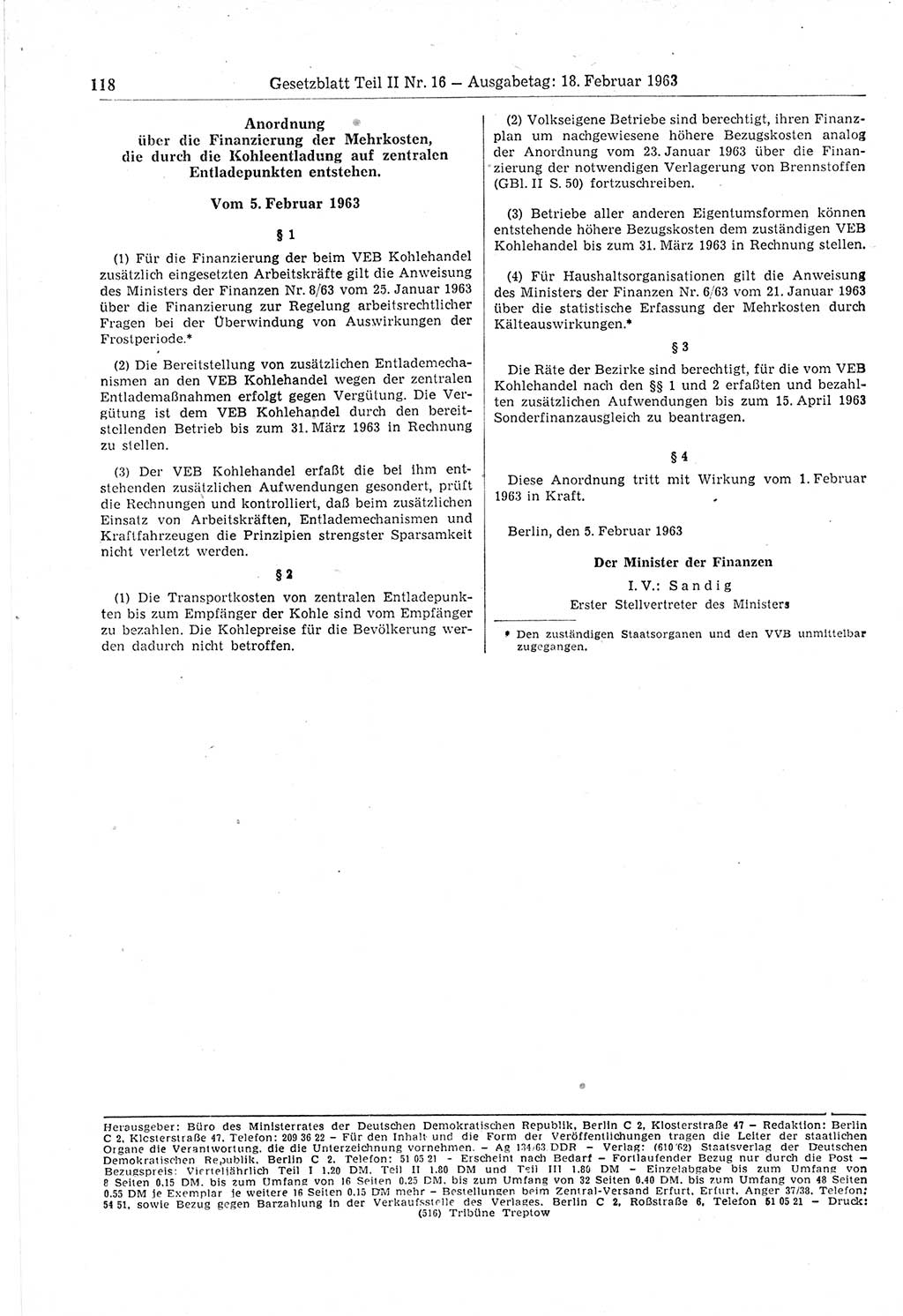Gesetzblatt (GBl.) der Deutschen Demokratischen Republik (DDR) Teil ⅠⅠ 1963, Seite 118 (GBl. DDR ⅠⅠ 1963, S. 118)